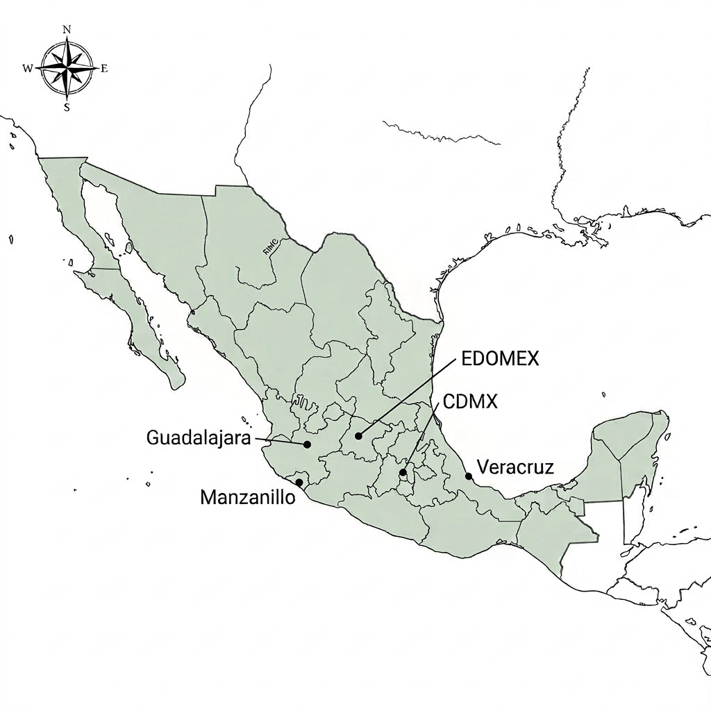 Map of Mexico highlighting Guadalajara, Manzanillo, Edomex, and Veracruz with labeled markers